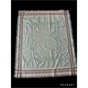 French Cotton Jaquard Damask Woven Turquoise Tablecloth With Black and Gray Trim